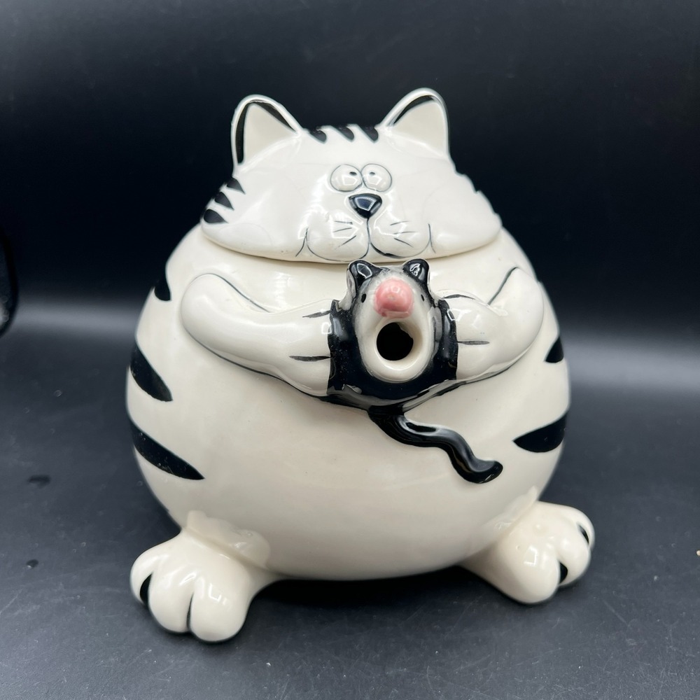 Kitty Cat & Mouse Ceramic Teapot Pier 1 ~ White with Black Mouse Pink Nose